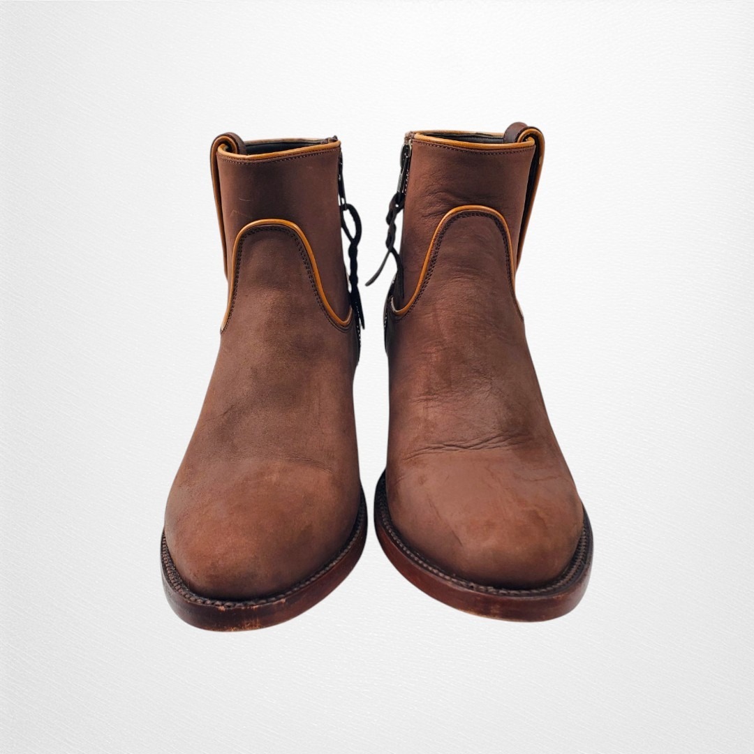 Allens Boots Brown Suede Leather Western Ankle Boots Yellow Piping 8.5 B — image 4 of 8